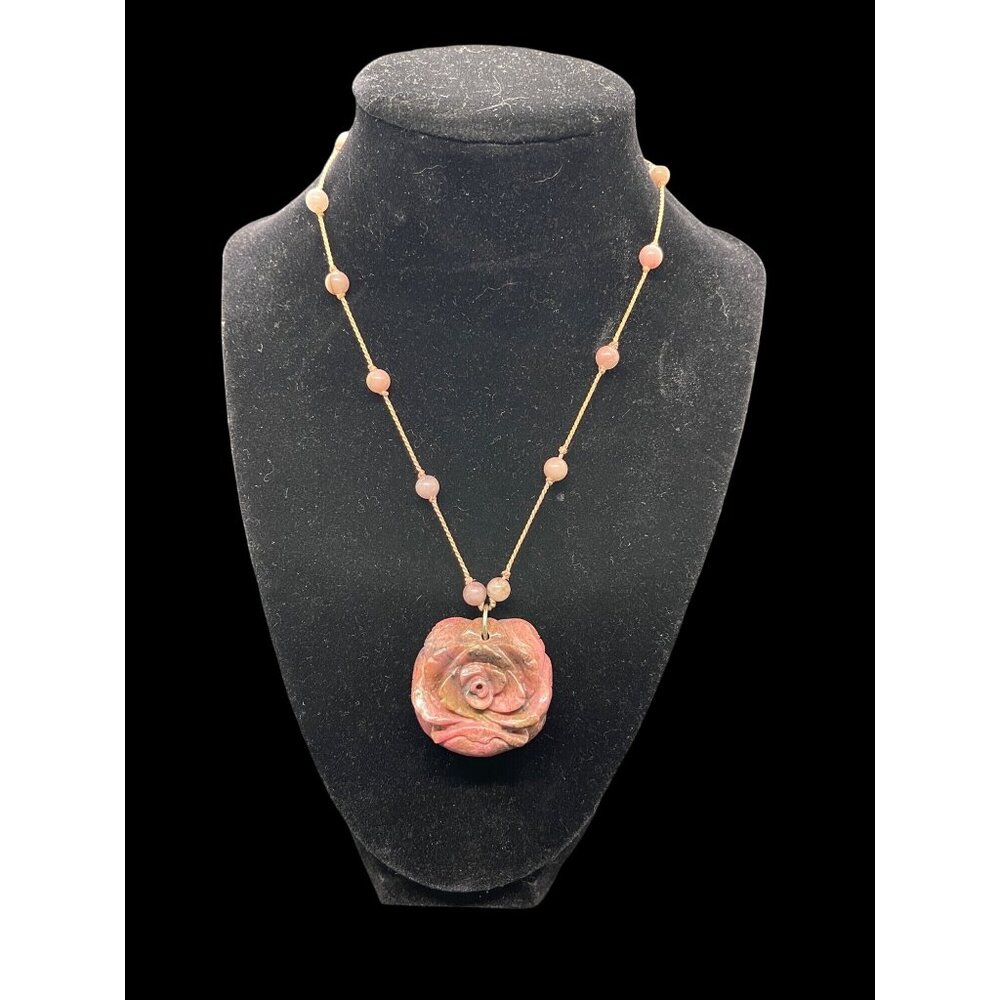 Vintage Rhodonite Carved Pink Flower Rose Agate Knotted Necklace 16”L